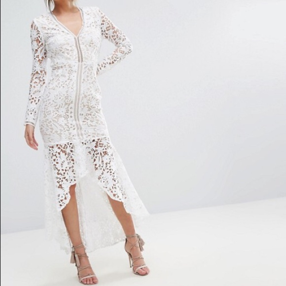 White Lace Long Sleeve Dress High Low Peplum
